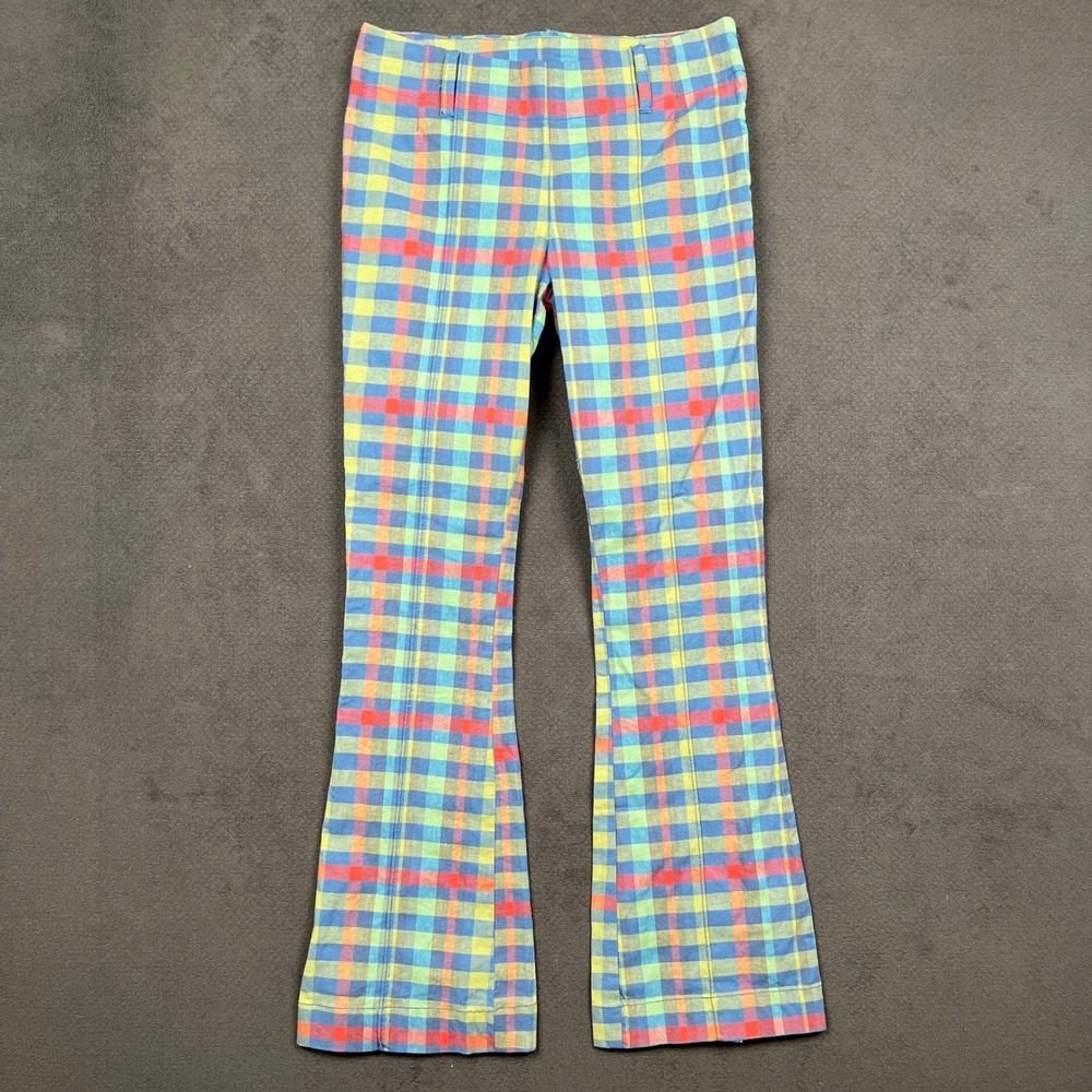 Free People The Way You Move Flare Pants Womens 6 Plaid Cotton Linen OB1546995